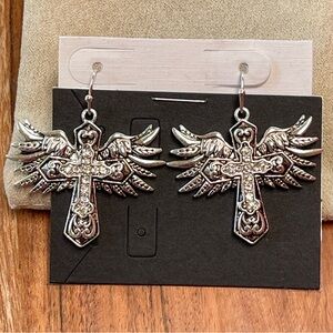 Silver Angel Wings Cross Earrings